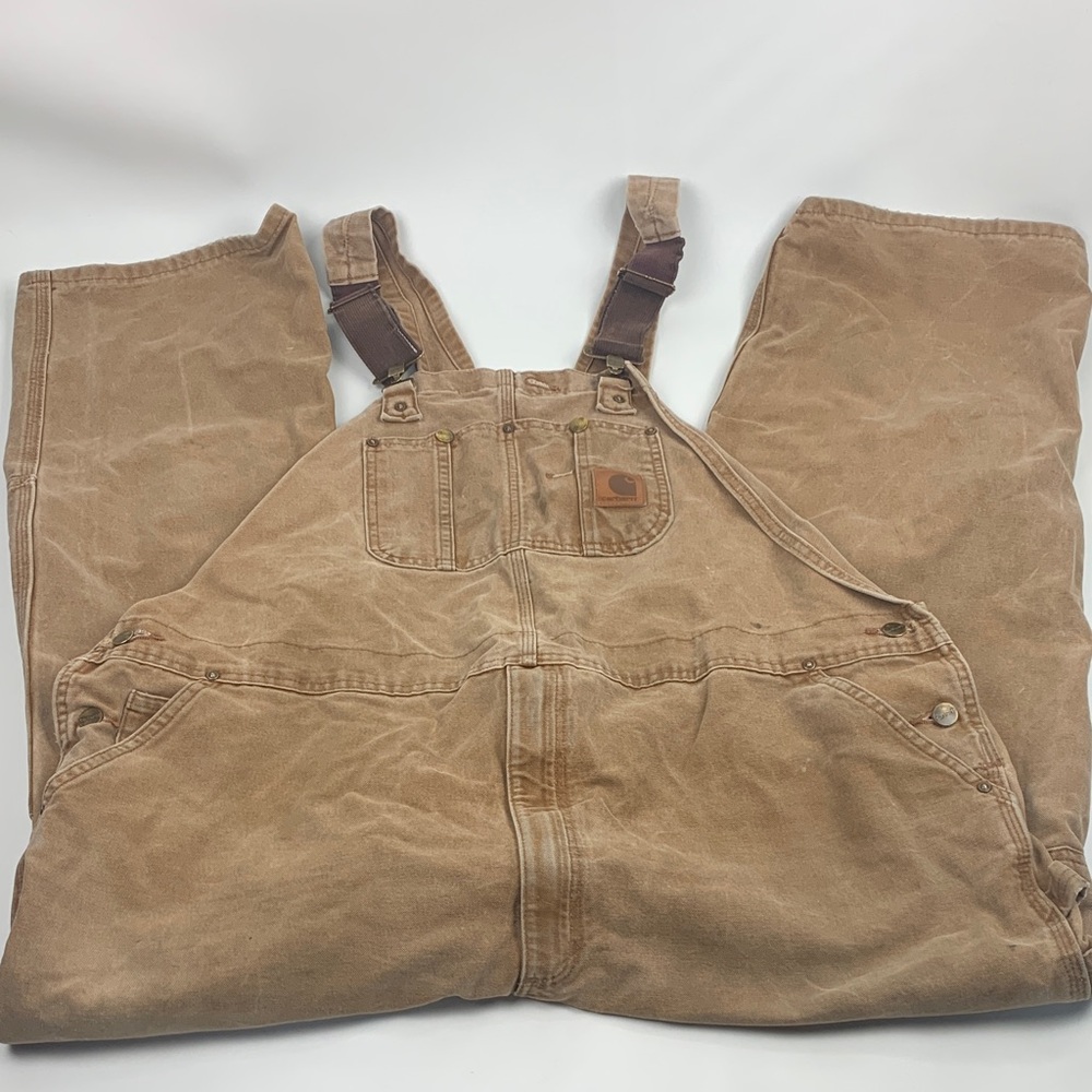 Vintage Carhartt Tan brown Bib Overalls with Logo Patch Canvas Workwear Sz 48/32